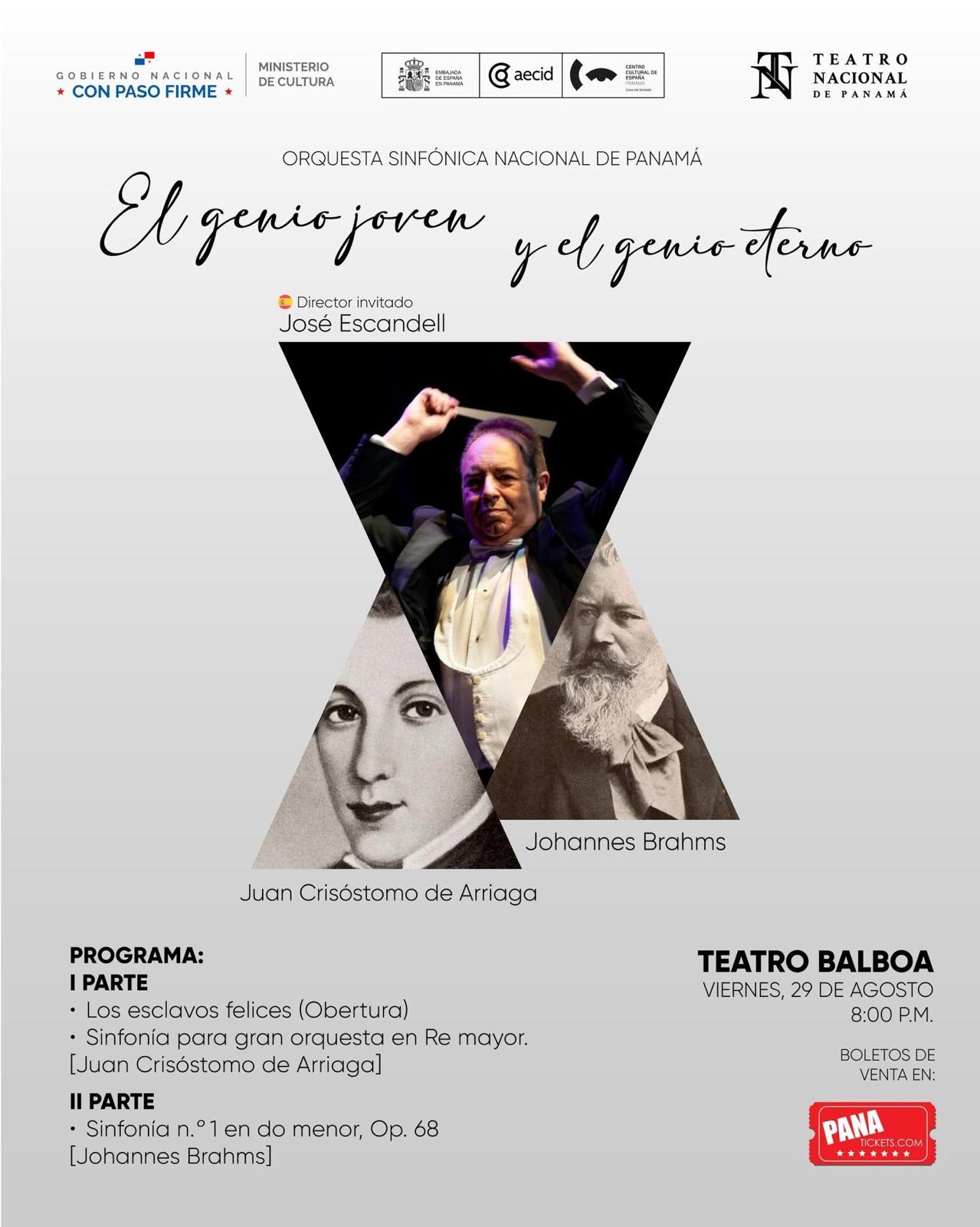 Cartel El genio joven y el genio eterno — Orquesta Sinfónica Nacional de Panamá